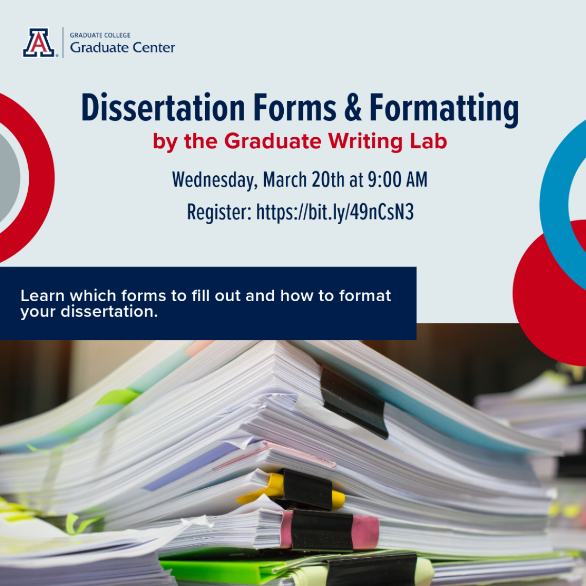 Image showing information about dissertation forms & Formatting Workshop. Same information is available in text underneath. 