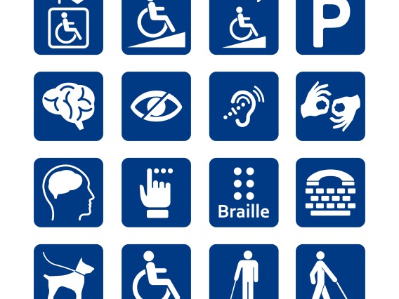 Sixteen signs for disability, including a man in a wheelchair, hands using sign language, and braille.