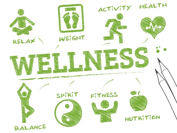 Green text and images on white background. Title text says "Wellness" and surrounding text and icons show "relax" ,"weight", "activity", "health", "balance", "spirit", "fitness", and "nutrition".,