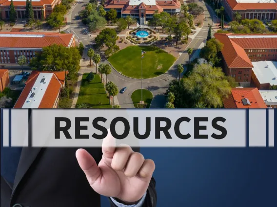 An aerial view of the UArizona campus with Old Main and part of the mall in view and text that reads "Resources"