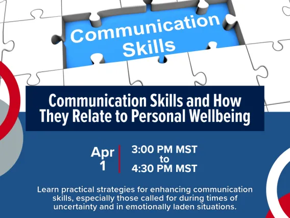 image with information regarding the communication skills and how they relate to personal wellbeing workshop. Same information is provided below.  