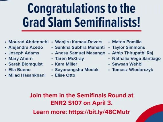 Image with information regarding the Grad Slam Semifinalists. Same information is provided below. 