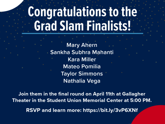 image with information regarding the grad slam finalists. Same information is provided below. 