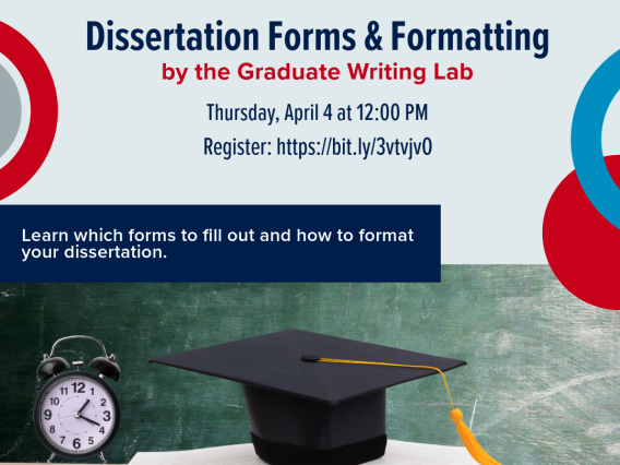 image with information regarding the dissertation forms and formatting workshop. Same information is provided below. 