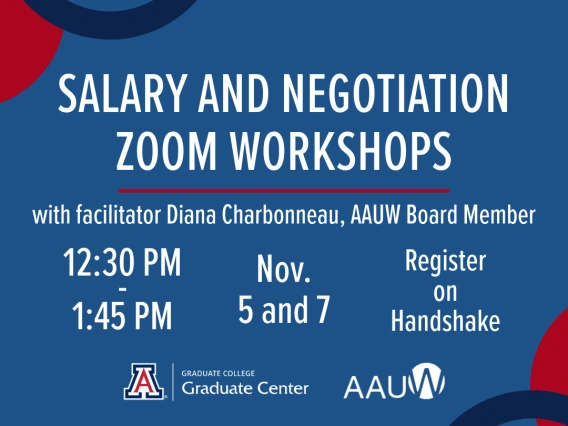 Promotional graphic advertising Salary & Negotiation Zoom Workshops on November 5 and 7. 