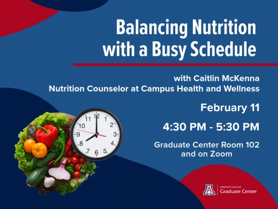 Promotional graphic advertising the "Balancing Nutrition with a Busy Schedule" event on February 11. 