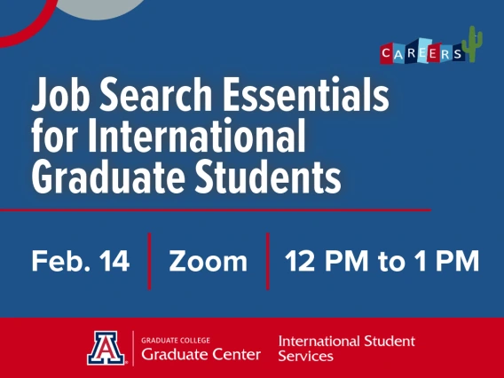 Promotional graphic advertising the "Job Search Essentials for International Graduate Students" event on February 14. 