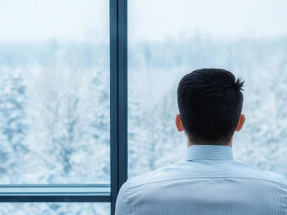 A man in a suit sitting in front of a window looking out onto a snowy landscape. 