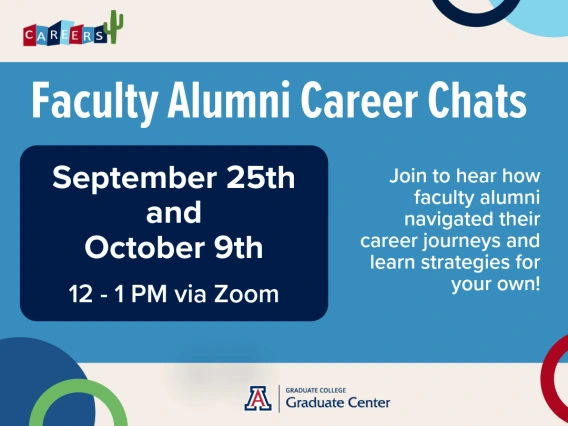 Colorful flyer describing event for faculty alumni career chats on September 25th and October 9th from 12-1pm on Zoom