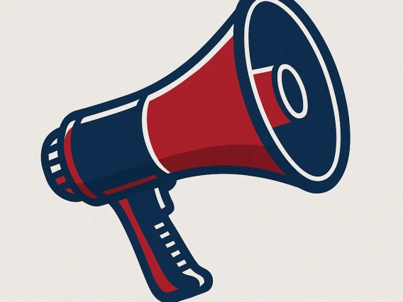 Cartoon image of a red and blue megaphone 