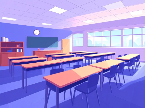 Cartoon image of empty classroom with desks