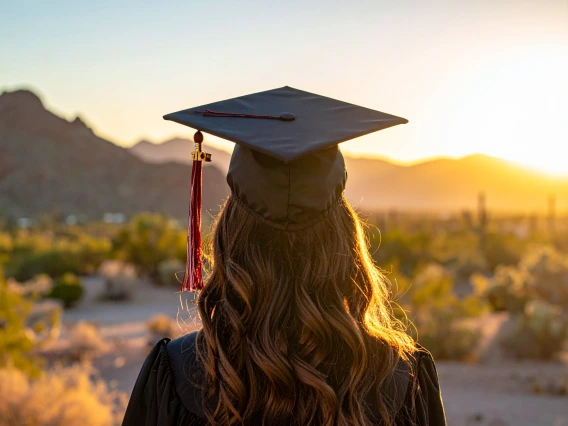 Student wearing graduation cap facing sunset and mountains