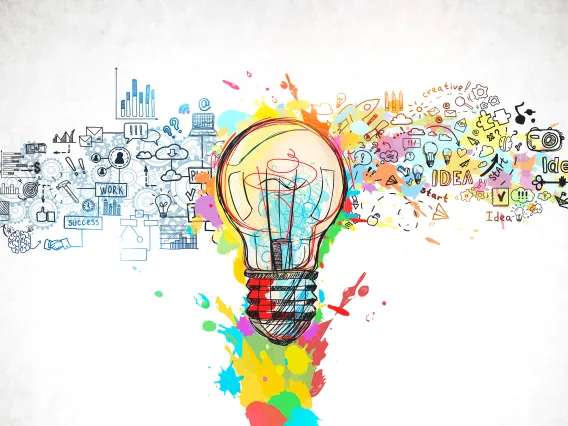 Gray logical shapes and colorful creative images meet in the middle of an image to form a lightbulb
