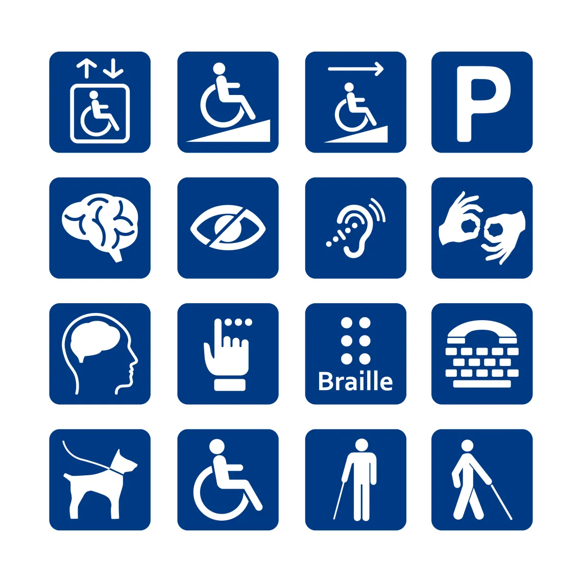 Sixteen signs for disability, including a man in a wheelchair, hands using sign language, and braille.