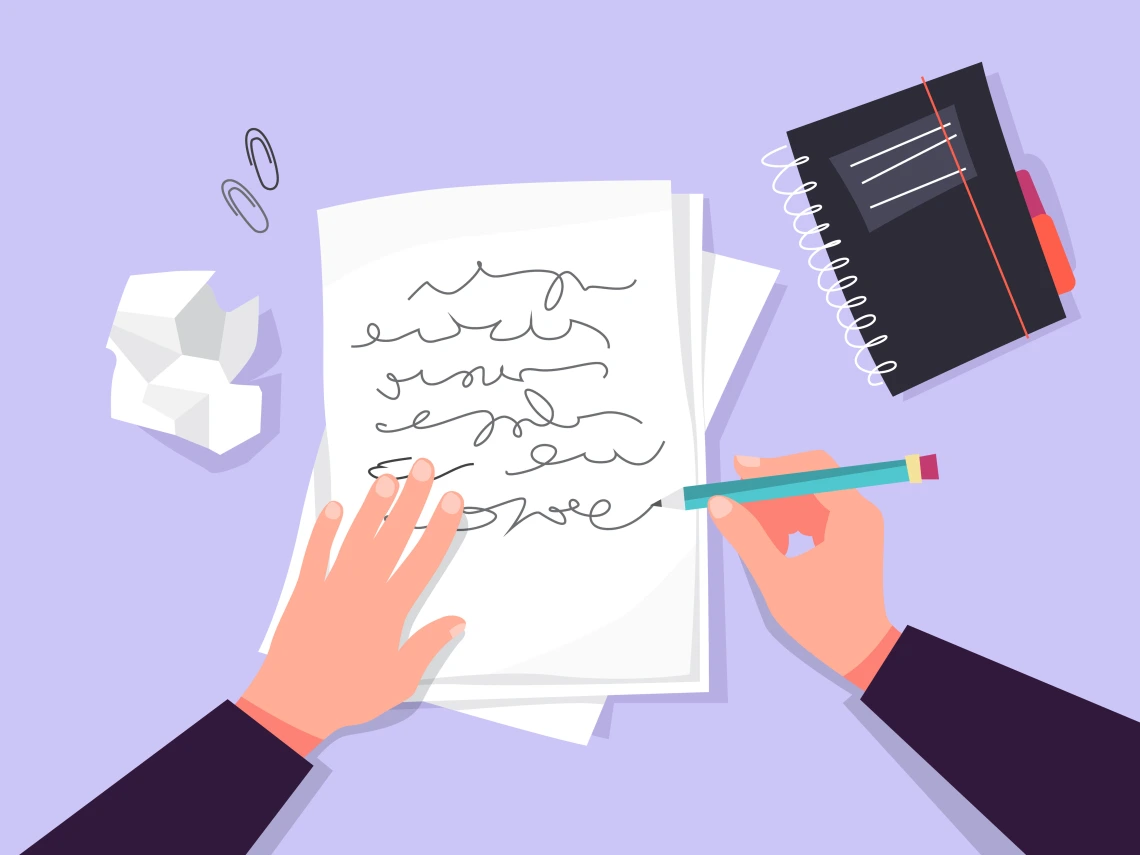 Illustration of a crumpled paper, a notebook, and hands writing on a sheet of paper.