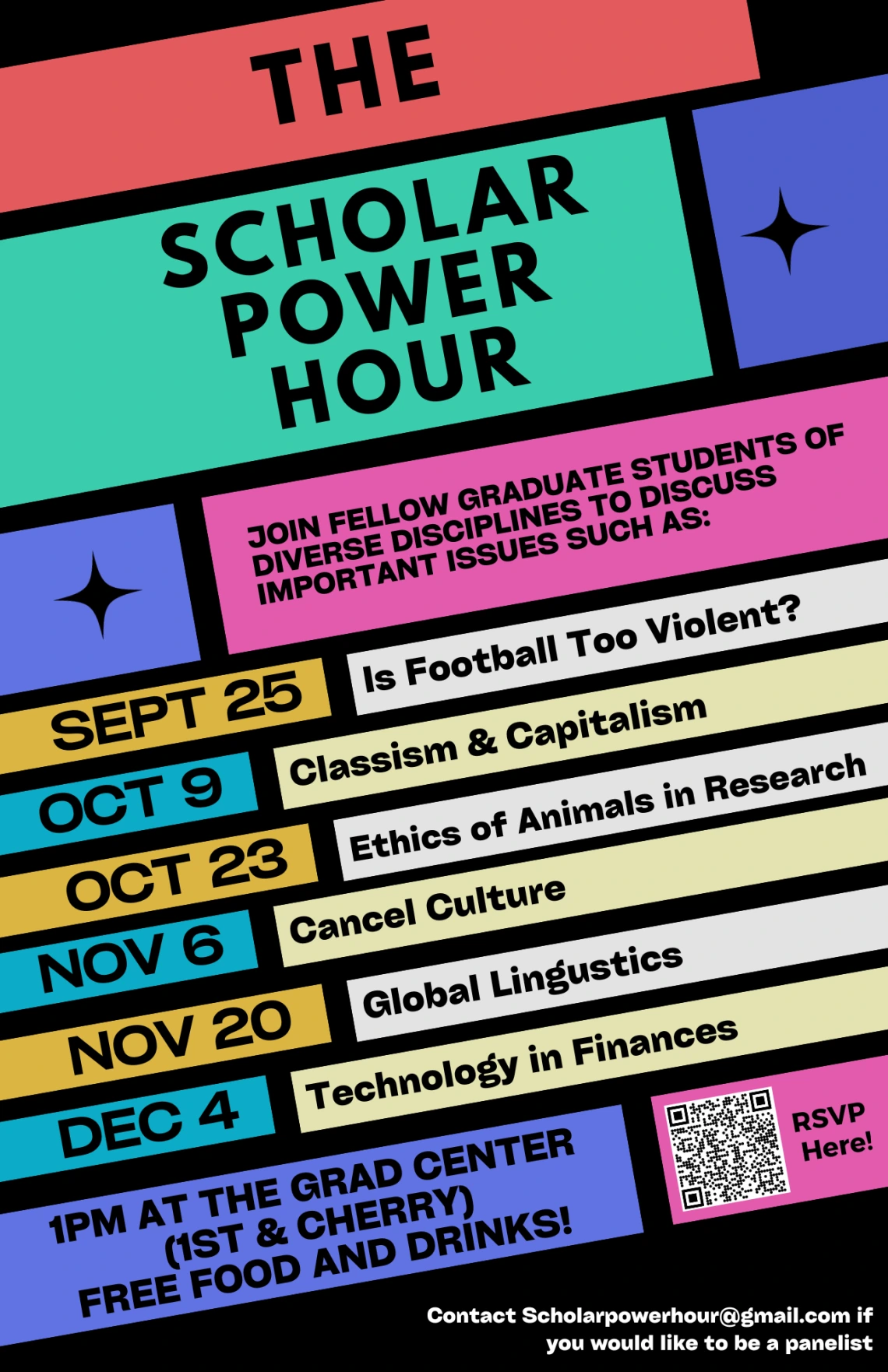 Scholar Power Hour flyer with description, list of sessions, contact email, and QR code to RSVP..