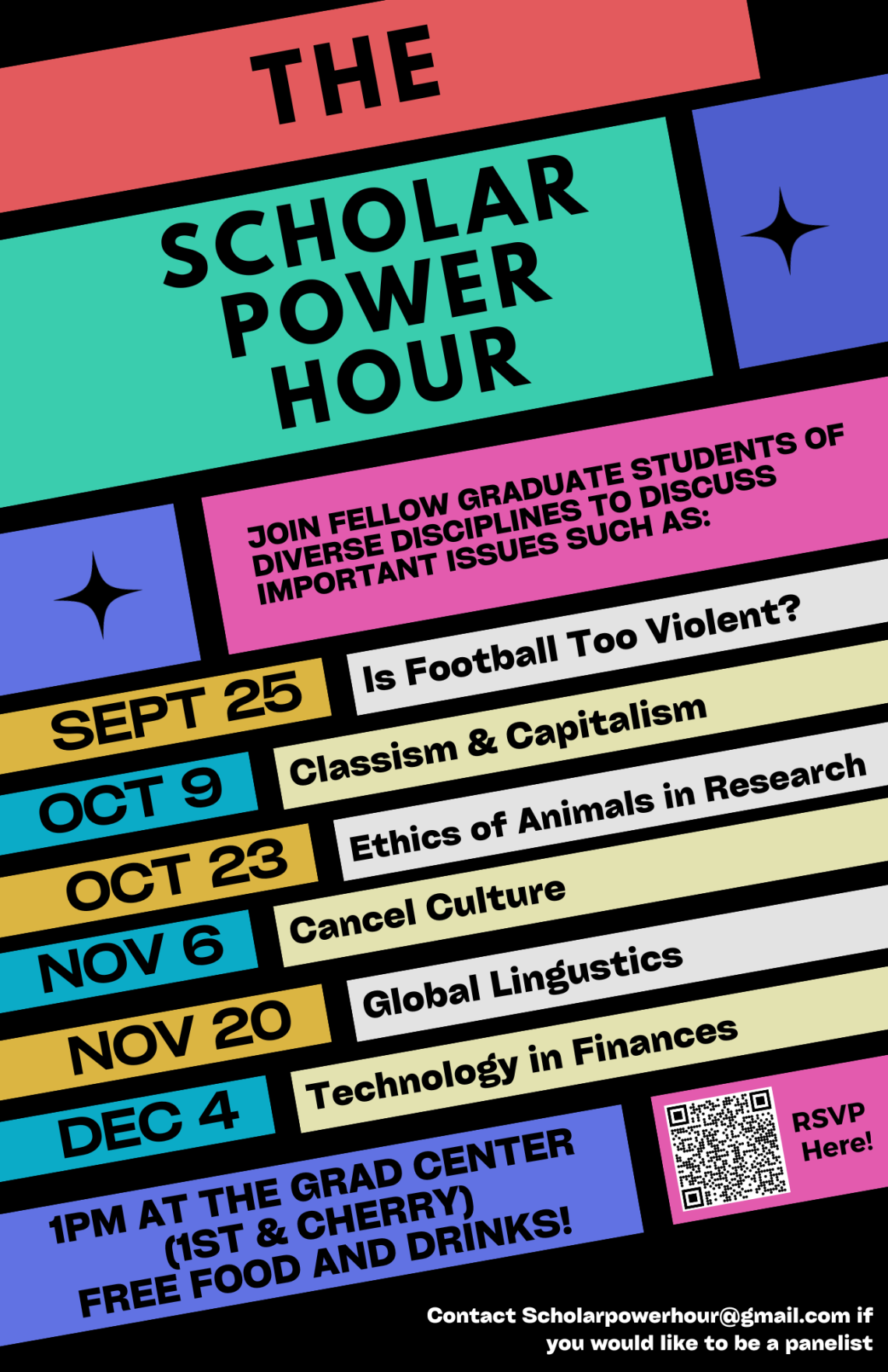 Scholar Power Hour flyer with description, list of sessions, contact email, and QR code to RSVP..