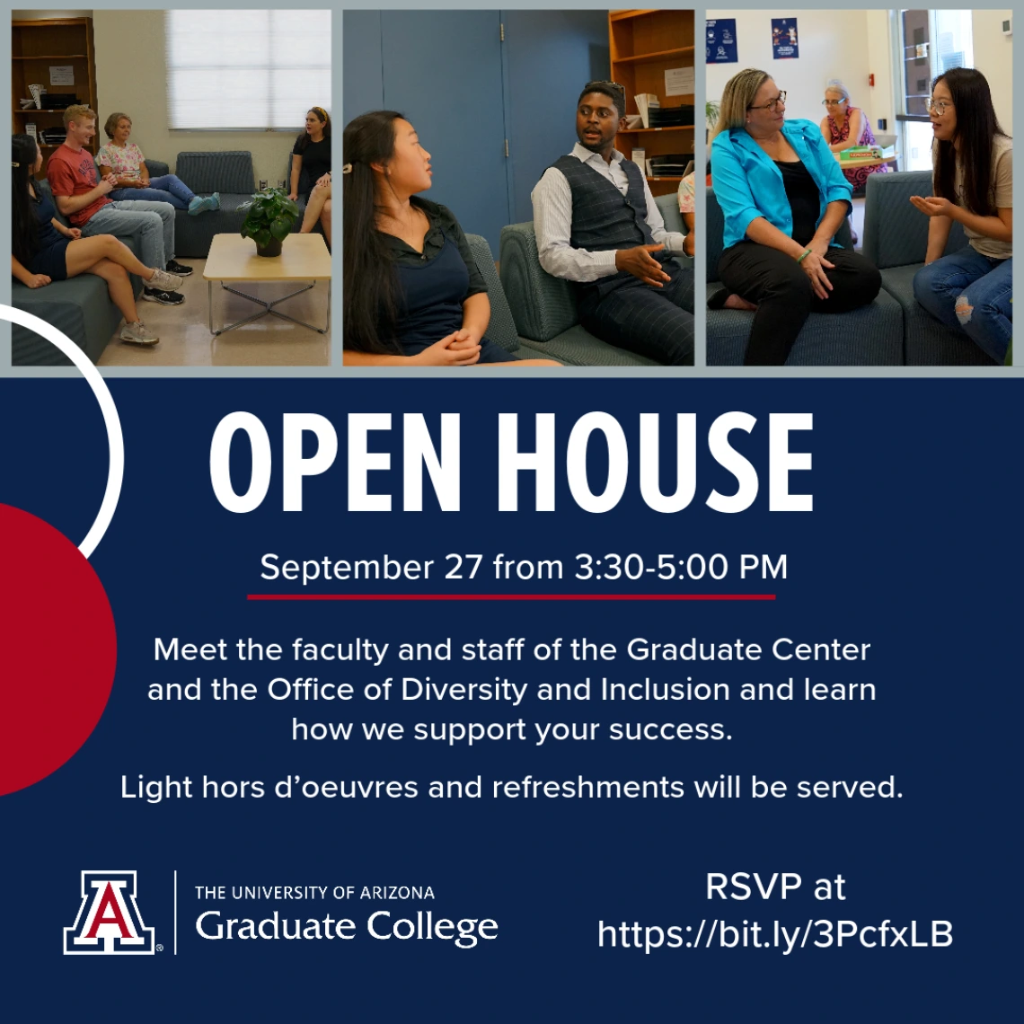 A graphic with three pictures of people in the Graduate Center lounge. Below the pictures is logistical information for the Open House.