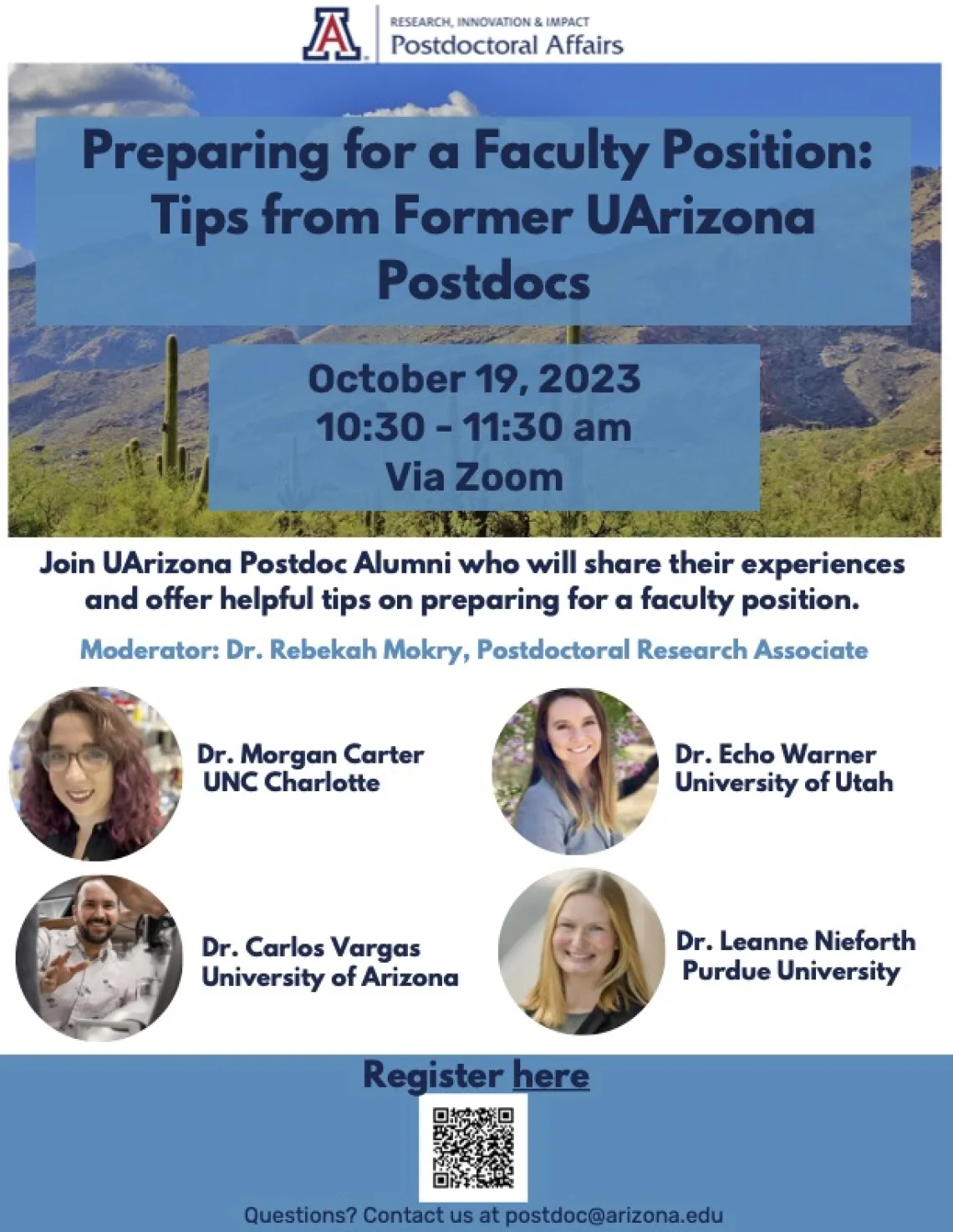 Flyer for event "Preparing for a Faculty Position: Tips from Former UArizona Postdocs"