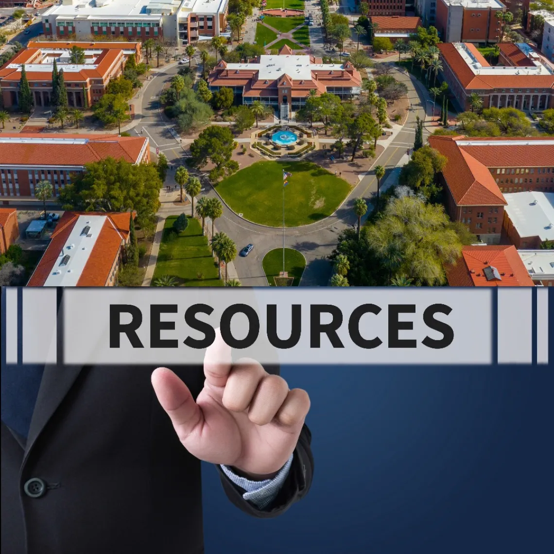 An aerial view of the UArizona campus with Old Main and part of the mall in view and text that reads "Resources"