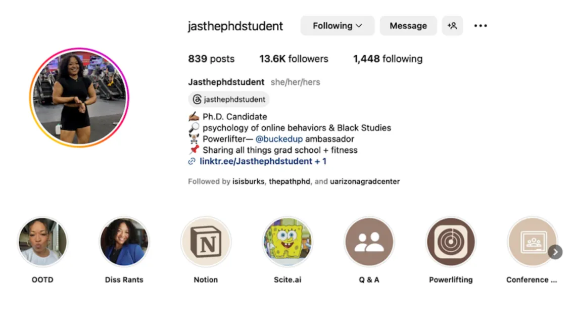 A screenshot of Jasmine's Instagram profile.