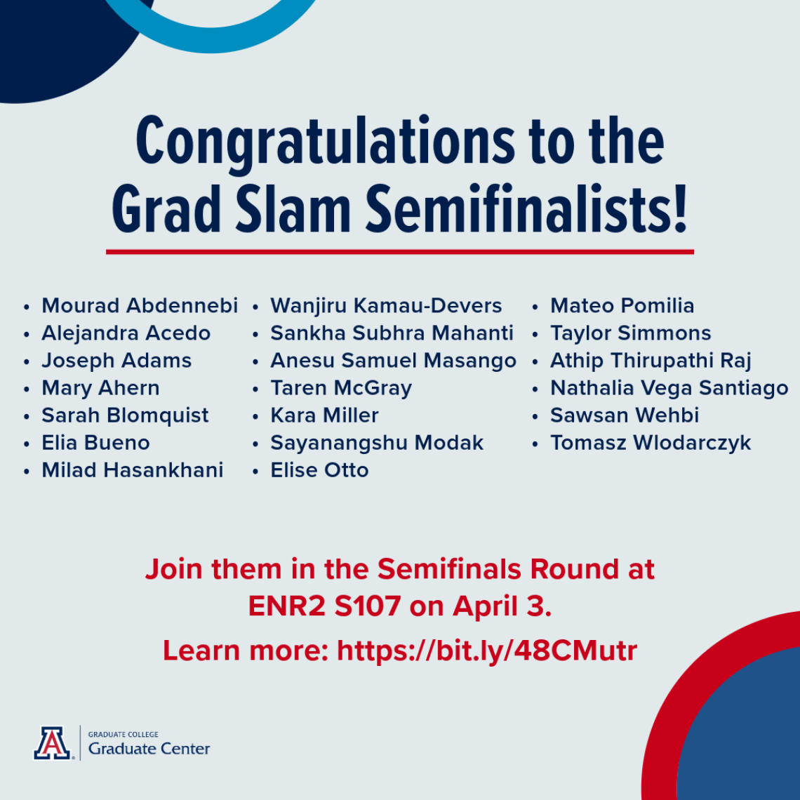 Image with information regarding the Grad Slam Semifinalists. Same information is provided below. 