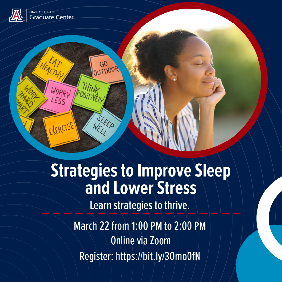 Image showing information about the sleep and stress workshop. Same information is provided below. 