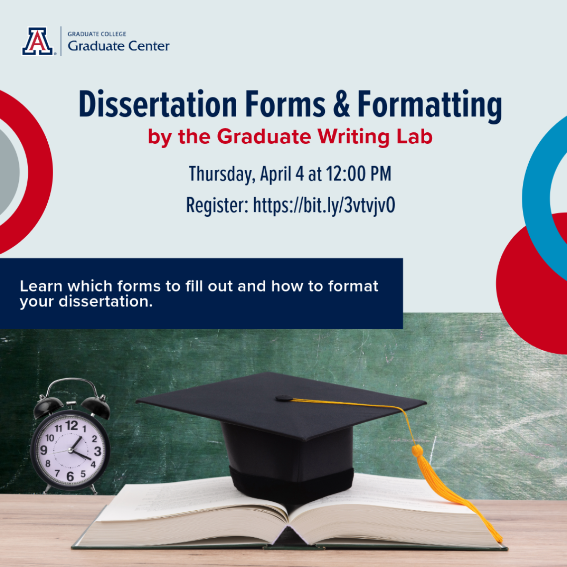 image with information regarding the dissertation forms and formatting workshop. Same information is provided below. 