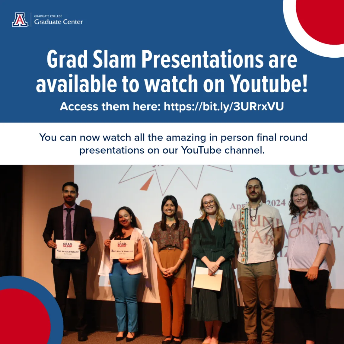 Announcement about grad slam presentations available on youtube. The image features the grad slam finalists. 