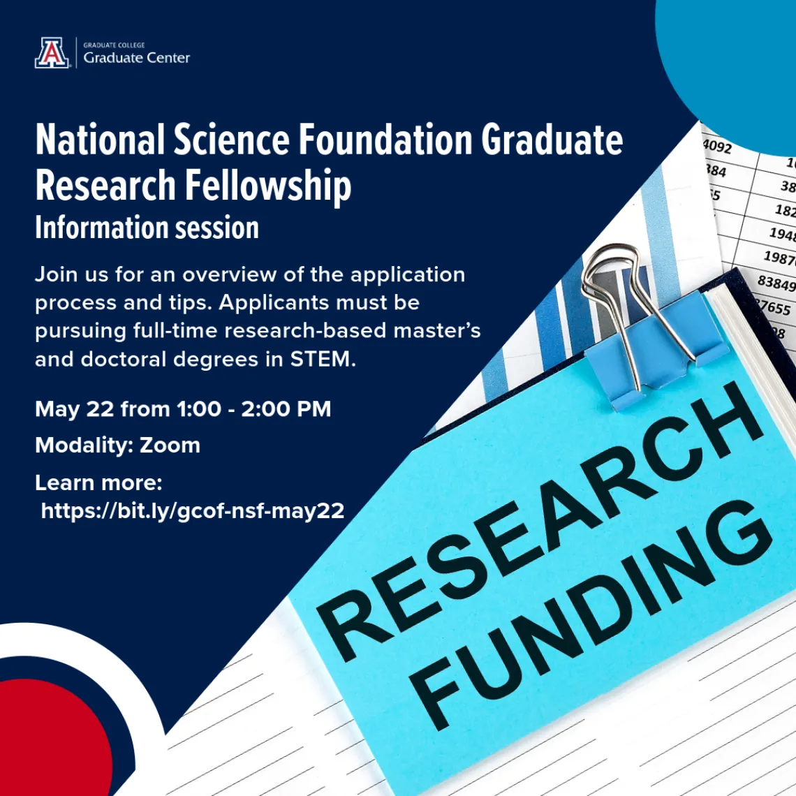 image with information the National Science Foundation Graduate Research Fellowship Information Session. Same information is provided below.  