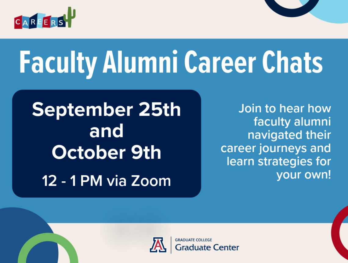 Colorful flyer describing event for faculty alumni career chats on September 25th and October 9th from 12-1pm on Zoom