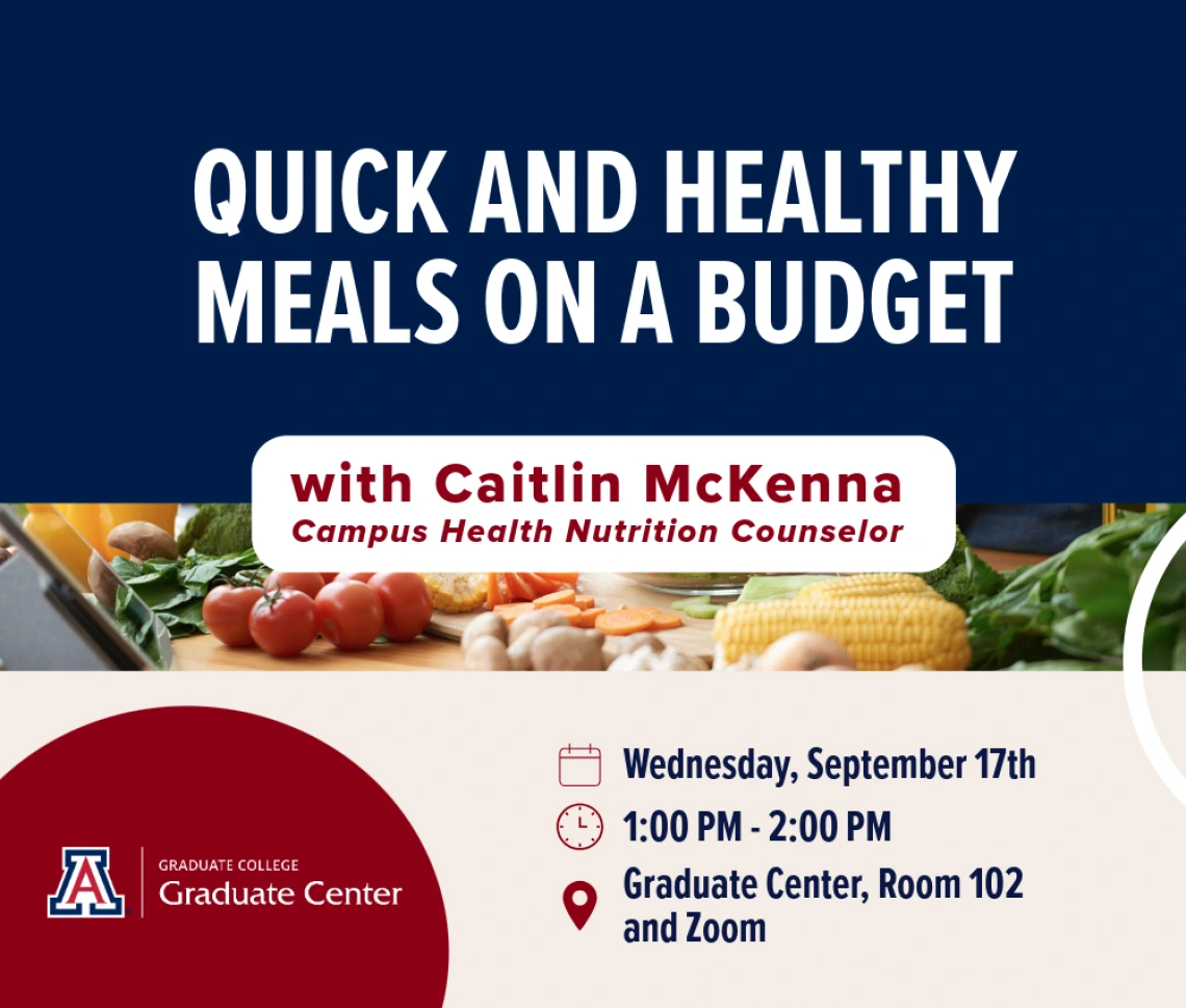 Blue and red flyer for Quick and Healthy Meals on a Budget event on September 17th from 1pm to 2pm