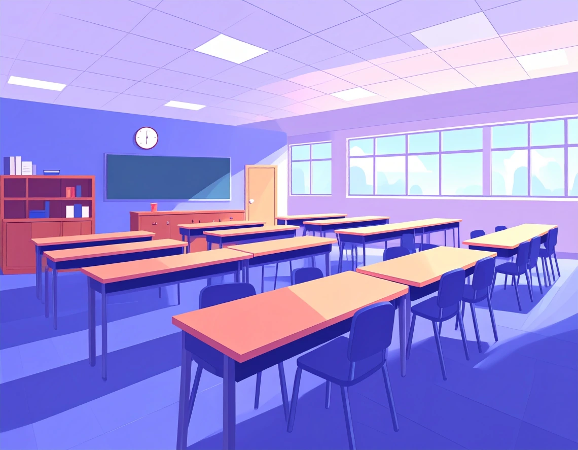 Cartoon image of empty classroom with desks