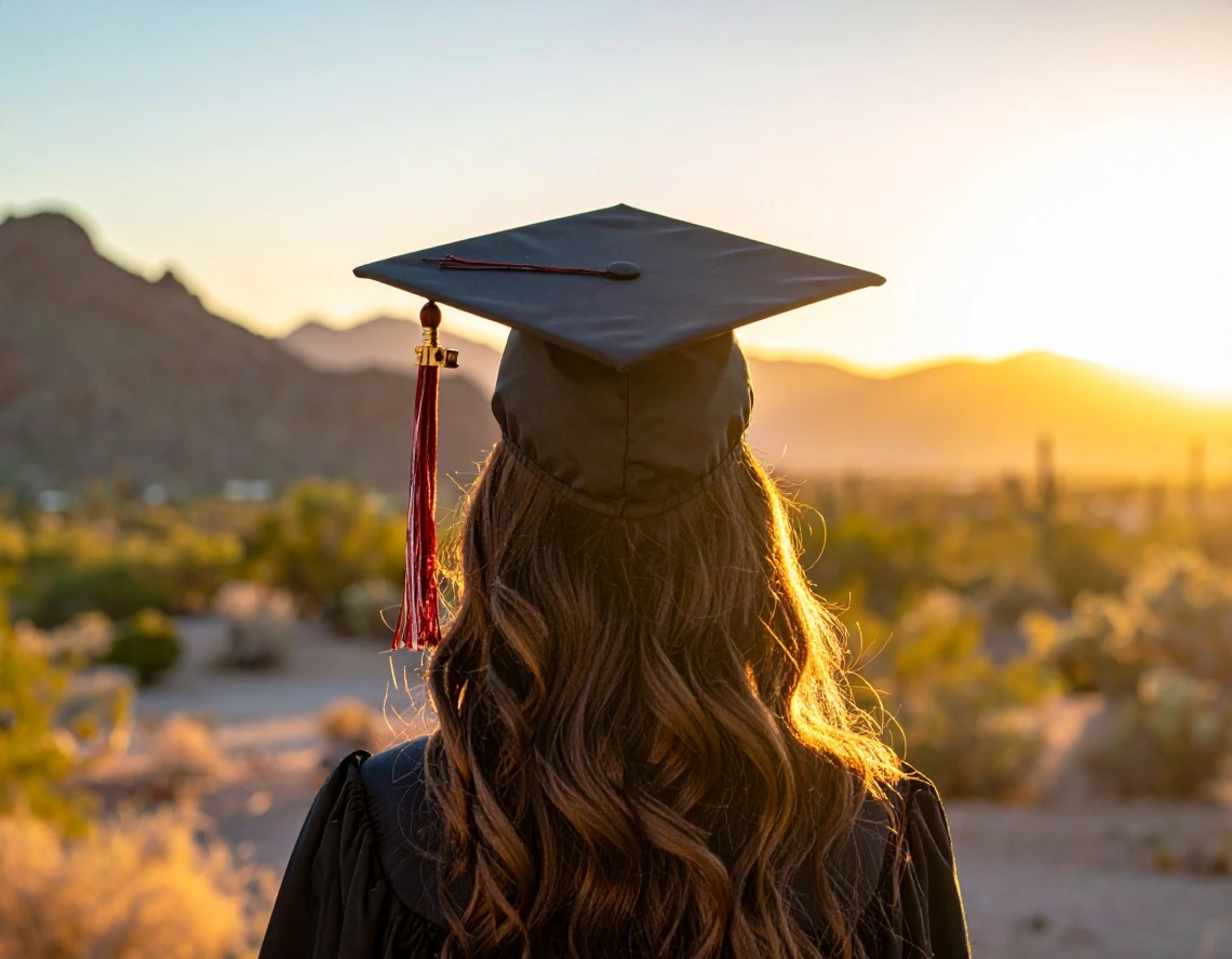 Student wearing graduation cap facing sunset and mountains