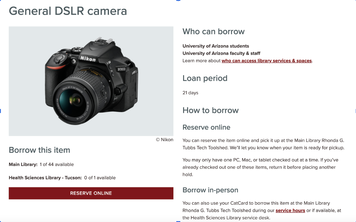 A screenshot of a DSLR camera on the library website