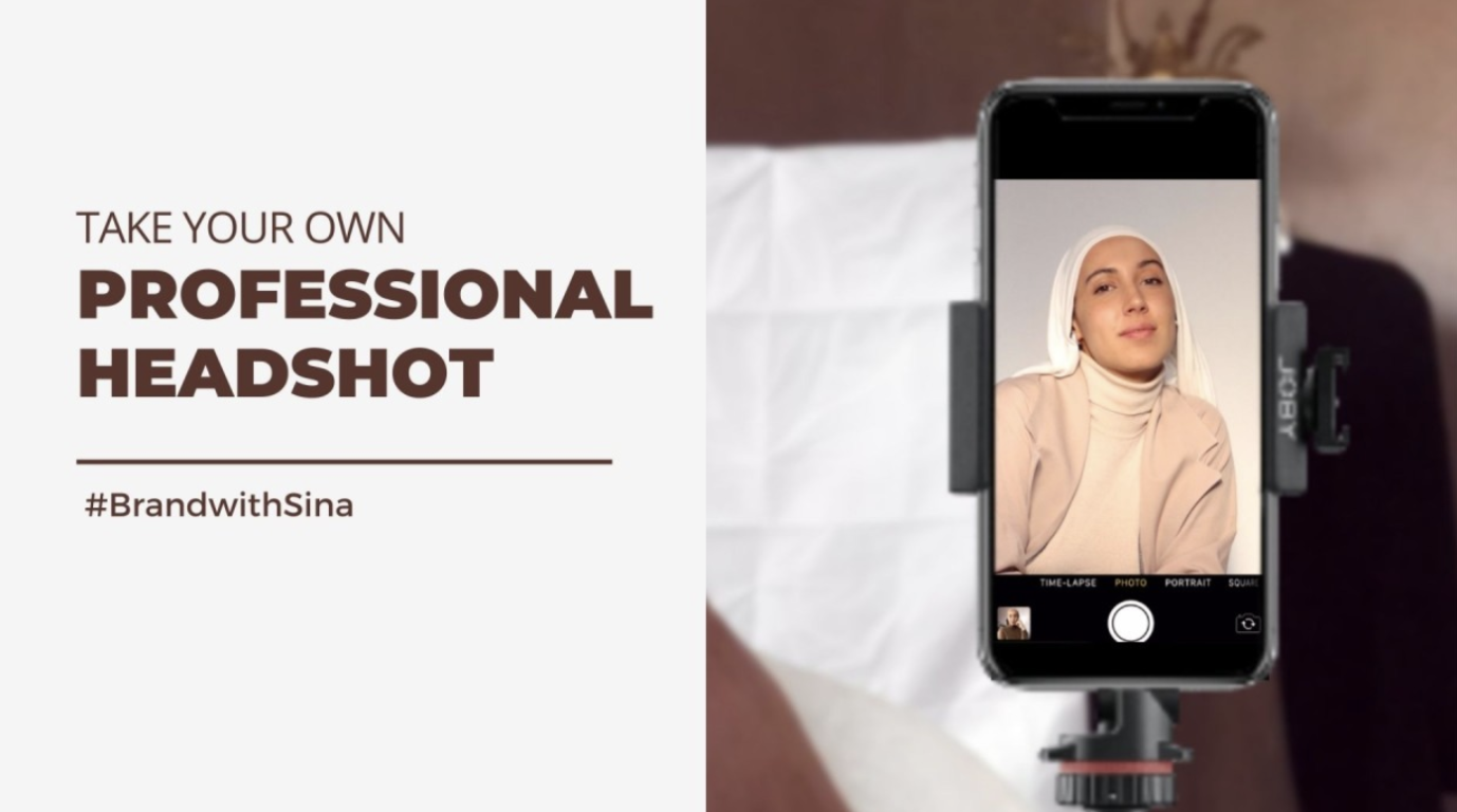 A screenshot of the LinkedIn article image that say "Take your own professional headshot" with an image of someone using their phone to take a photo of themself.