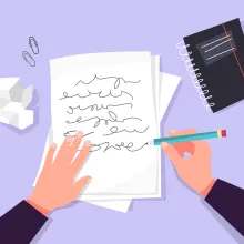 Illustration of a crumpled paper, a notebook, and hands writing on a sheet of paper.