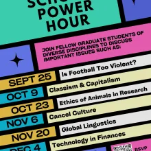 Scholar Power Hour flyer with description, list of sessions, contact email, and QR code to RSVP..