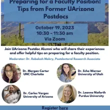 Flyer for event "Preparing for a Faculty Position: Tips from Former UArizona Postdocs"