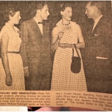 A vintage newspaper photo of Michaela meeting Senator Fulbright