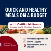 Blue and red flyer for Quick and Healthy Meals on a Budget event on September 17th from 1pm to 2pm