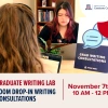 Two people facing each other in front of laptops with flyer for graduate writing consultations on table