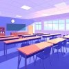 Cartoon image of empty classroom with desks