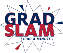 White, red, and blue star burst with the words Grad Slam overlayed on top.