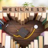 An image with the word WELLNESS above a heart made of books with a stethoscope and a graduation cap in the middle.